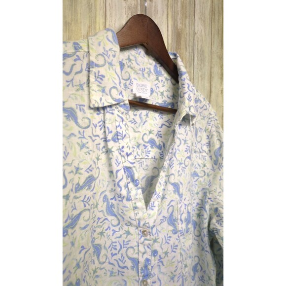 Sigrid Olsen 100% Linen Tunic Button Up Shirt Sea Horse Nautical Starfish Large - Picture 2 of 13